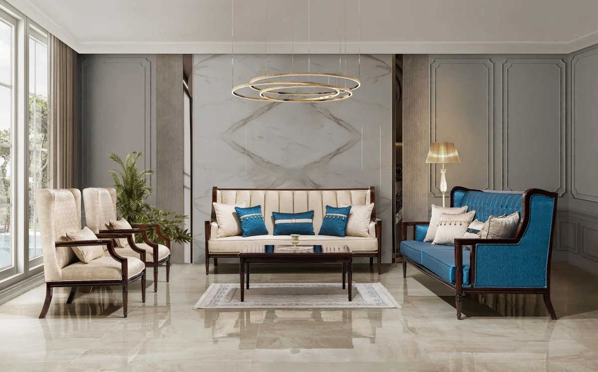 Luxury Baroque Style Living Room Furniture Set Beige/Blue/Dark Brown