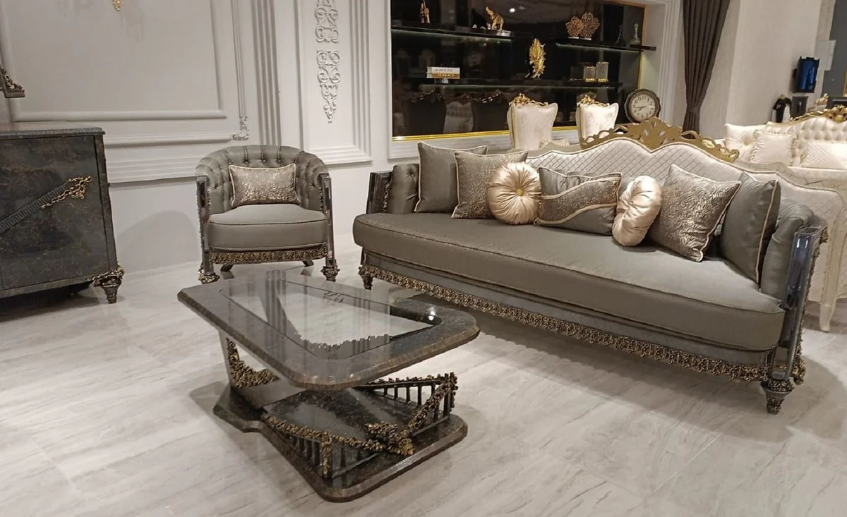 Luxury Baroque Living Room Sofa Gray / Gold - Handmade Baroque Style Sofa - Luxury Living Room Furniture in Baroque Style - Magnificent Baroque Furniture