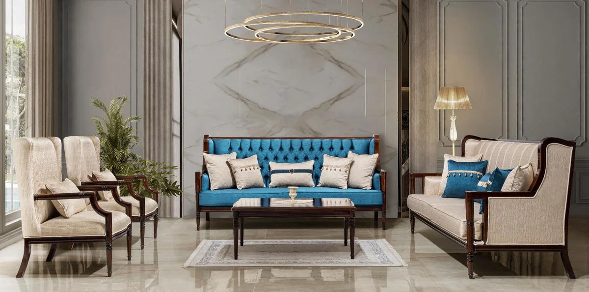 Luxury Baroque Style Living Room Furniture Set Beige/Blue/Dark Brown