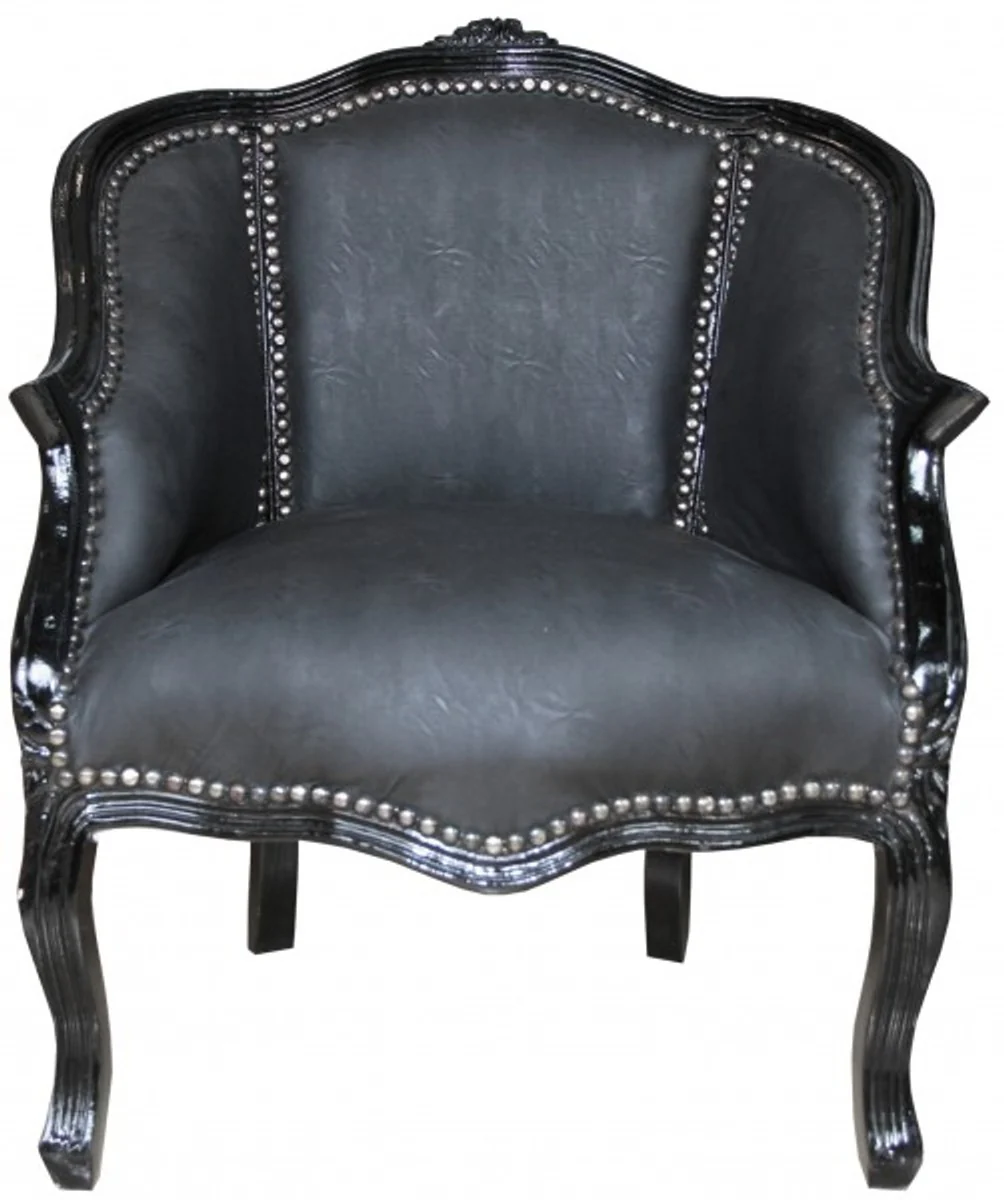 Baroque ladies salon armchair black/black faux leather - furniture antique style